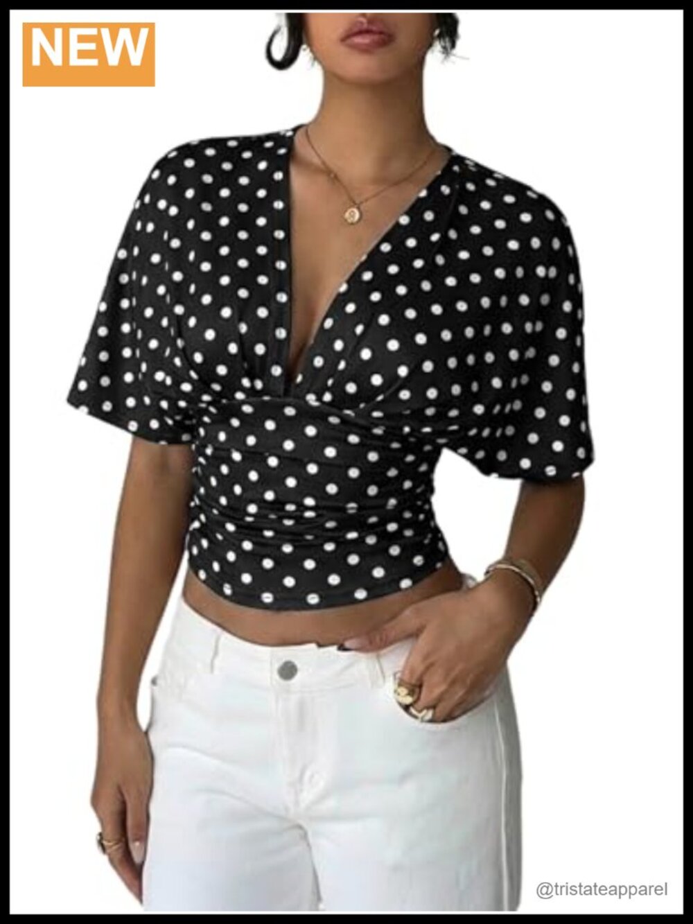 Deep V Neck Dolman Sleeve Crop Top Cinched Waist Night Out Blouse